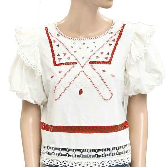 By Anthropologie Puff-Sleeve Cutwork Blouse Top Embroidered Cotton XXS 281553 - Picture 6 of 8